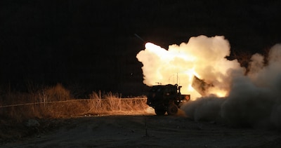 A U.S. Marine Corps M142 High Mobility Artillery Rocket System (HIMARS) from 1st Battalion 11th Marines, is fired during a combined joint live fire exercise between the U.S. Army, U.S. Marine Corps and ROK Army near Pocheon, South Korea, March 31, 2026.