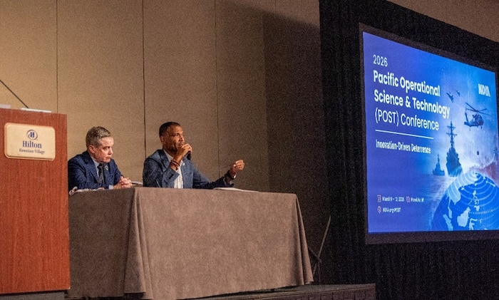 Dr. Andre Stridiron, U.S. Indo-Pacific Command J7 Pacific Multi-Domain Training and Experimentation Capability (PMTEC) Program Manager, speaks at the Pacific Operation Science & Technology Conference in Waikiki, March 10, 2026.
