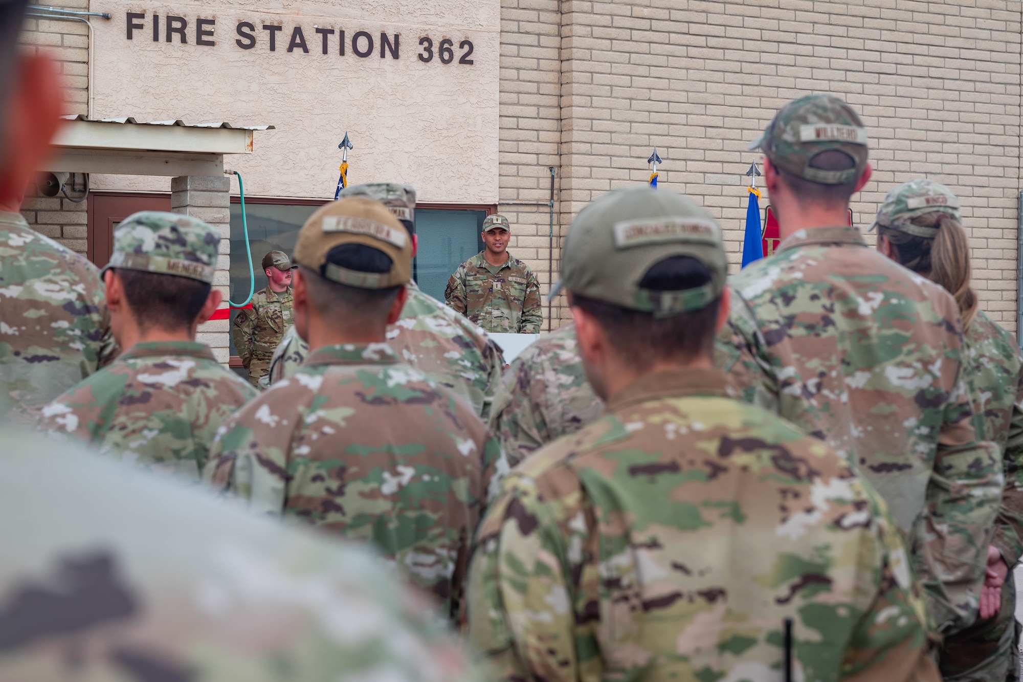 U.S. Air Force 2nd Lt. Nigel Cook, 56th Civil Engineer Squadron project programmer, briefs Airmen about the official opening of Fire Station 2, March 31, 2026, at Luke Air Force Base, Arizona.