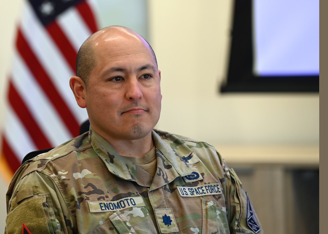 U.S. Space Force Lt. Col. Benton Enomoto, SPACEFOR-SOUTH acting deputy commander, attends an engagement with representatives from the University of Arizona’s Kyl Institute for National Security, in Tucson, Arizona, April 2, 2026. Through this academic collaboration, the U.S. Space Force will gain access to critical training and technologies needed to counter non-hemispheric actors in the Southern Command area of responsibility, and help share these capabilities with partner nations for the safety and security of the Western Hemisphere. (U.S. Air Force photo by Staff Sgt. Abbey Rieves)