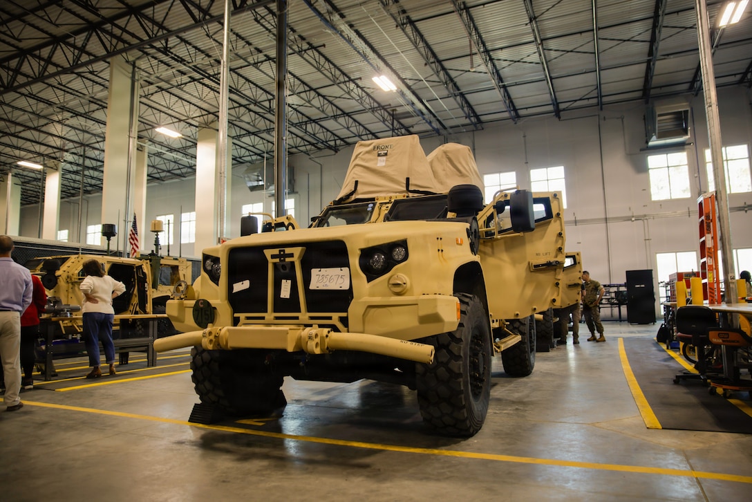 A Marine Corps JLTV in a warehouse