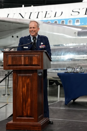 AFRL Commander Brig. Gen. Jason Bartolomei speaking at the 2025 AFRL Fellows or Science and Engineering Early Career Awards ceremony.