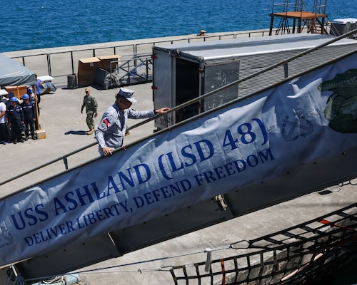 Philippine Navy Rear Adm. Juario C. Marayag, Commander, Naval Sea Systems Command, boards Whidbey Island-class dock landing ship USS Ashland (LSD 48) as part of ship wartime repair and maintenance exercise (SWARMEX) in Cebu, Philippines, March 25, 2026.