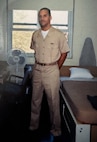 Officer Candidate Robert ‘Brian’ Conner stands at parade rest in preparation for a room inspection during his assignment to the BOOST (Broadened Opportunity for Officer Selection and Training) program in 1999.  (Courtesy photo provided by Capt. Conner / RELEASED)
