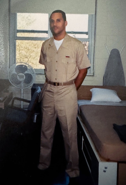 Officer Candidate Robert ‘Brian’ Conner stands at parade rest in preparation for a room inspection during his assignment to the BOOST (Broadened Opportunity for Officer Selection and Training) program in 1999.  (Courtesy photo provided by Capt. Conner / RELEASED)