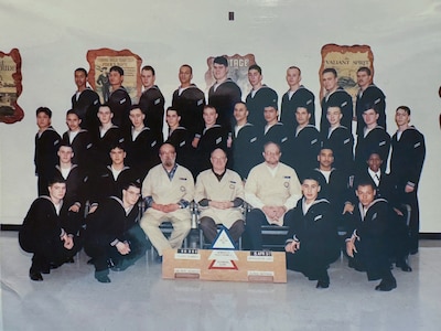 Seaman Robert ‘Brian’ Conner (top row, forth from the left) stands with classmates from his 1997 Tech Core School, the precursor to ET ‘A’ School.  (Courtesy photo provided by Capt. Conner / RELEASED)