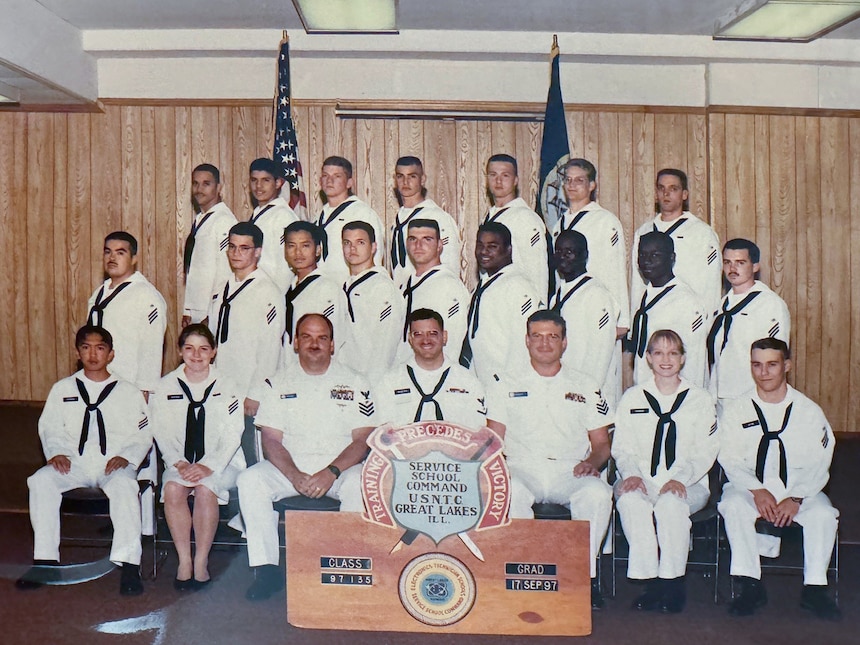 Electronic Technician Seaman Robert ‘Brian’ Conner (far left top row) stands with his classmates in 1997 as a graduate of ET ‘A’ School.  (Courtesy photo provided by Capt. Conner / RELEASED)