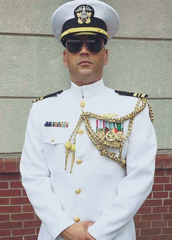 Lt. Cmdr. Robert ‘Brian’ Conner in full dress whites complete with aiguillette that indicates his position as Executive Assistant to then-Vice. Adm. Michael M. Gilday, U.S. Fleet Cyber Command / U.S. 10th Fleet, at an official event Charleston, S.C.  (Courtesy photo provided by Capt. Conner / RELEASED)