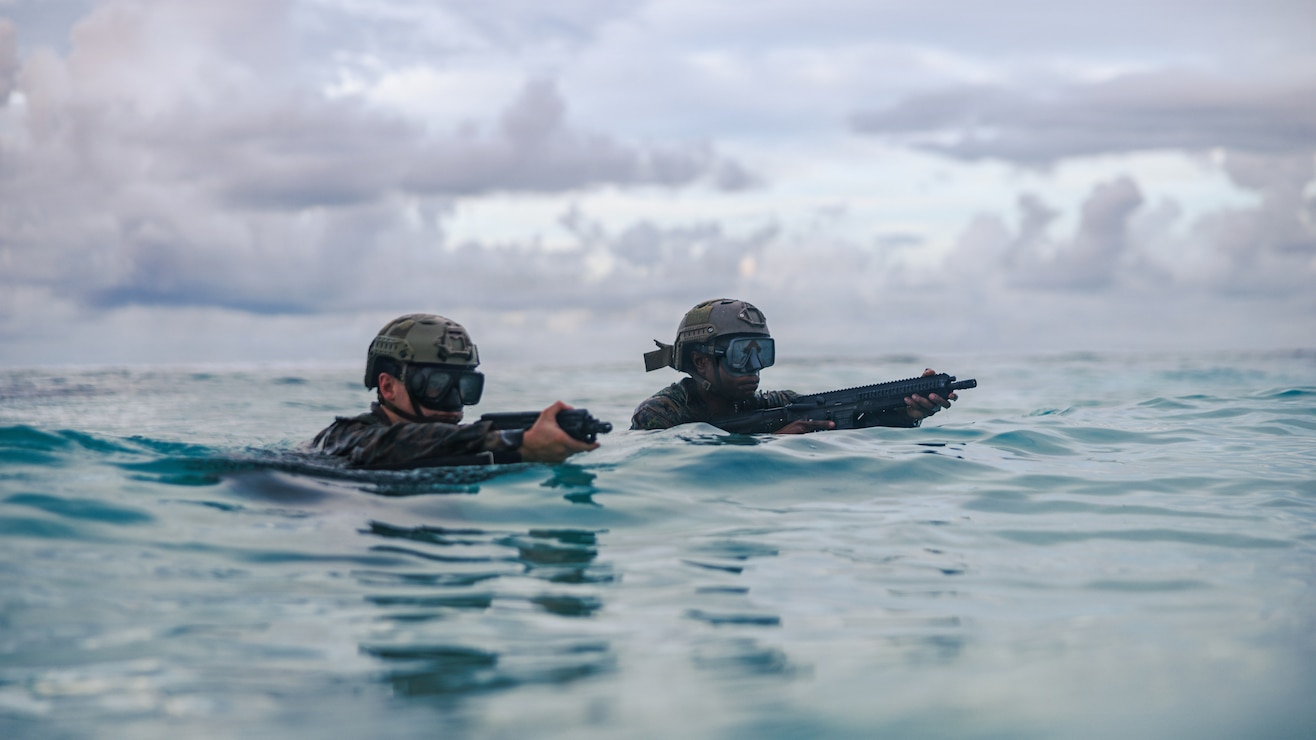 U.S. Marines with Force Reconnaissance Platoon, 31st Marine Expeditionary Unit, conduct a simulated reconnaissance and surveillance mission part of a simulated amphibious assault at naval support facility, Diego Garcia, March 24, 2026. The 31st MEU is a persistent, combat credible force operating aboard the ships of the Tripoli Amphibious Ready Group in the U.S. 7th fleet area of operations, routinely interacting and operating with our allies and partners to contribute to deterrence, security, crisis response, and combat operations in the Indo-Pacific region. (U.S. Marine Corps photo by Lance Cpl. Victor Gurrola)
