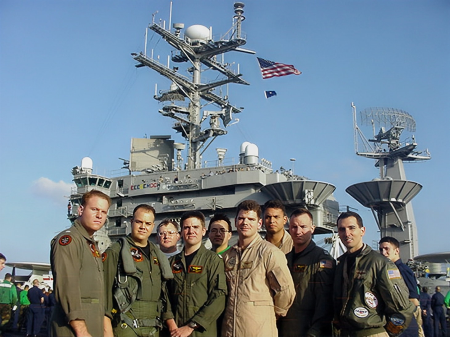 Dougherty, fourth from left, stands with fellow “Argonauts” of Strike Fighter Squadron (VFA) 147 aboard USS John C. Stennis during support operations for Enduring Freedom in 2001.