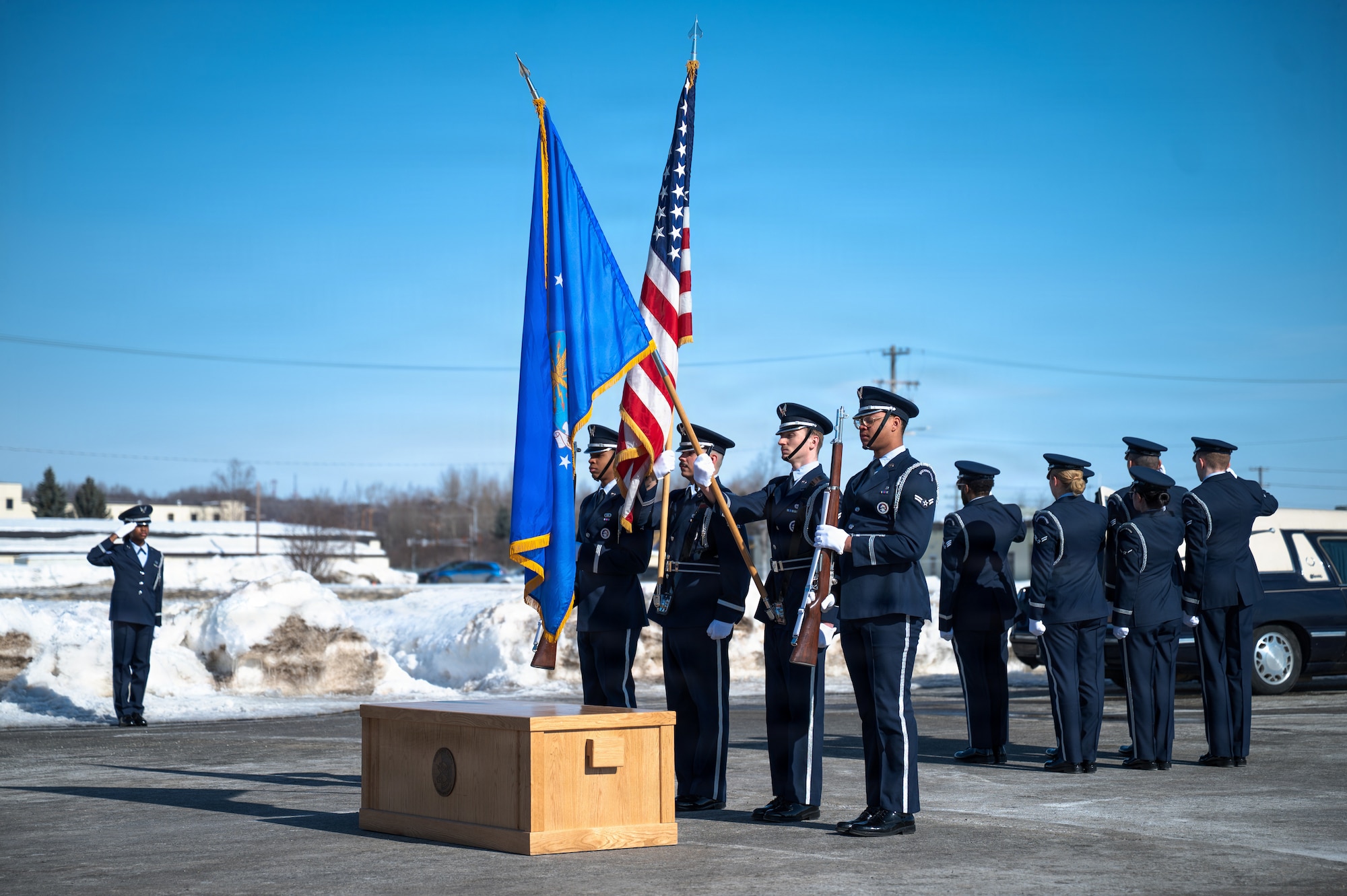 A Joint Base Elmendorf-Richardson Honor Guard colors flight presents the American and Air Force Flag during a practice funeral service at an honor guard graduation ceremony on JBER, Alaska, March 31, 2026. The Honor Guard is one of the U.S. Air Force’s oldest organizations, serving as a premiere standard of discipline and military professionalism to the public eye.