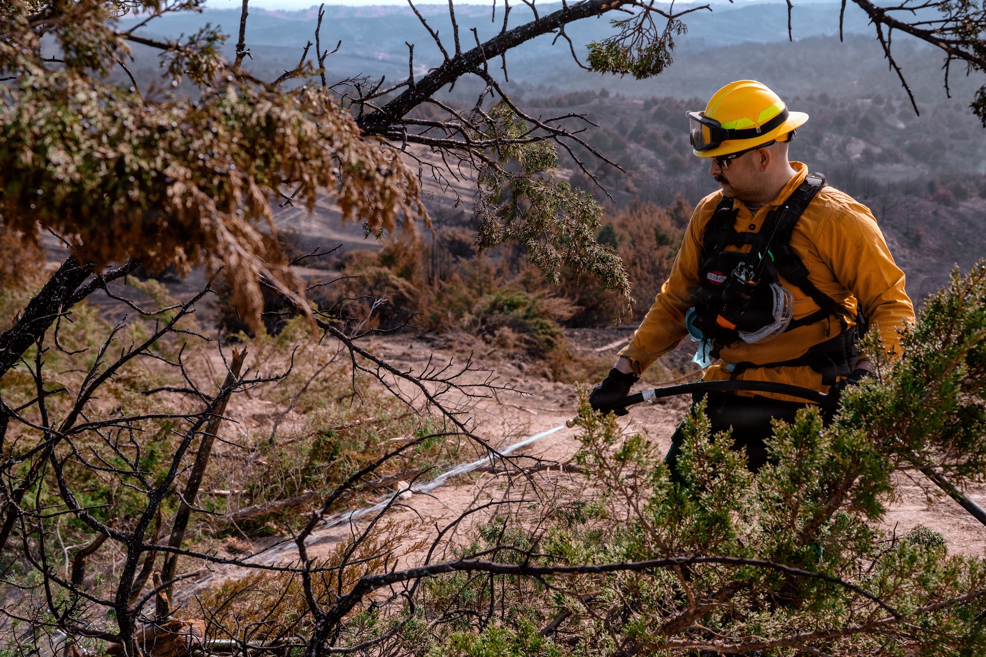 Army Staff Sgt. Brian Sydik, fire chief with the 755th Engineer Detachment, Nebraska National Guard, extinguishes a remaining hot spot with a hose during wildfire response operations, March 18, 2026, near Brady, Nebraska.  Sydik, along with other members of the Joint Emergency Response Crew, conducted mop-up operations, extinguishing residual hot spots within the fire perimeter to reduce the risk of rekindle and support sustained containment. The National Guard is activated to augment local response efforts, providing additional manpower, equipment, and coordination to support large-scale incidents that exceed civilian firefighting capacity. (U.S. Air National Guard photo by Senior Airman Jeremiah Johnson)