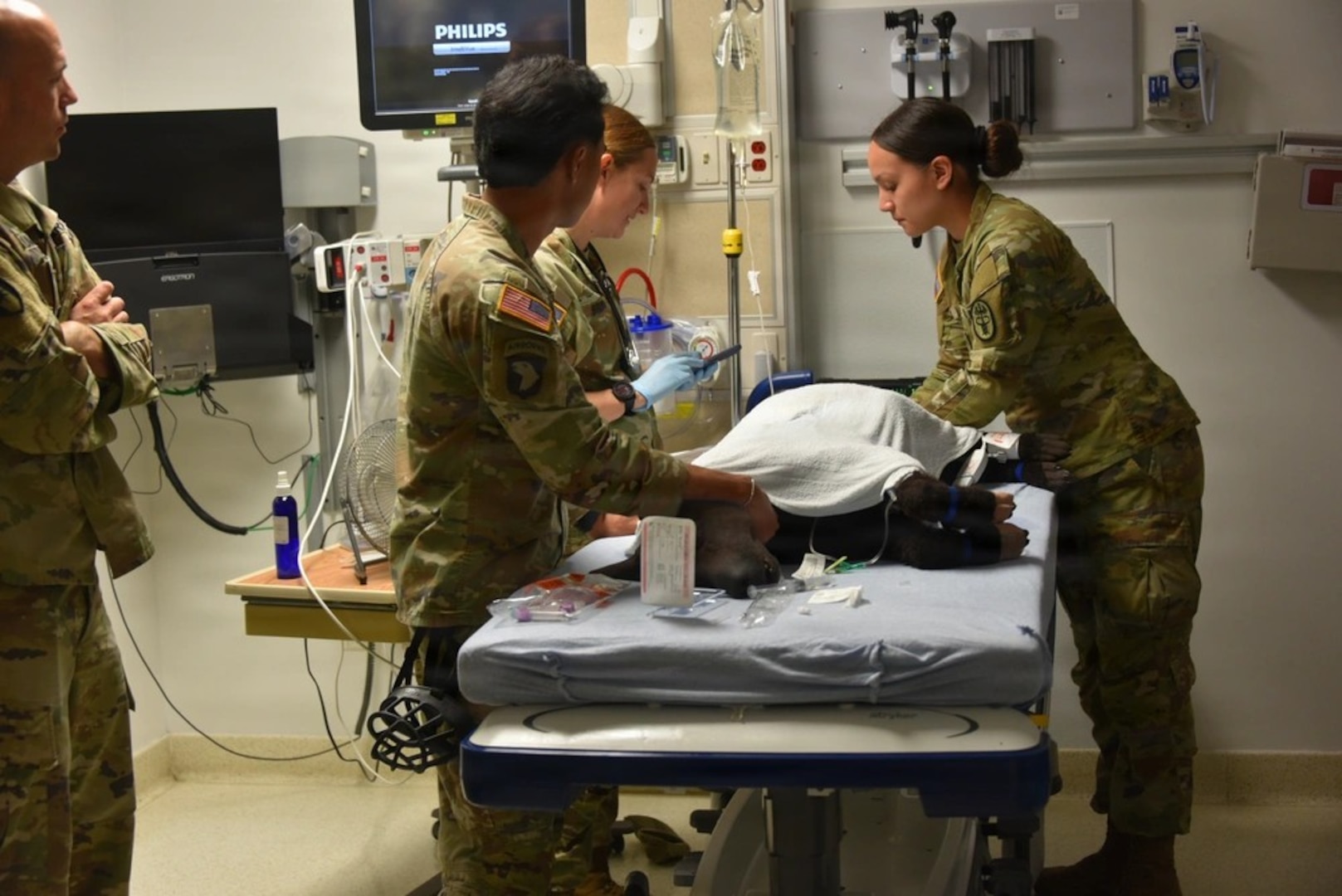 Womack Army Medical Center and the U.S. Army Veterinary Readiness Activity, (VRA) Fort Bragg, collaborated on a critical training exercise March 31, 2026. VRA Fort Bragg and 550th Military Working Dog Detachment Soldiers, Capt. Aly Brown and Spc. Amy Dumag and Sgt. Jericho Arengo actively cool a Military Working Dog in emergency response to a heat injury. This vital exercise, part of the Installation Health Support Plan, brought together Animal Care Specialists and Combat Medic Specialists testing the seamless integration between WAMC and the Fort Bragg Veterinary Branch to ensure the highest level of care for our four-legged service members. (Photo by Keisha Frith, Womack Army Medical Center Public Affairs Office)