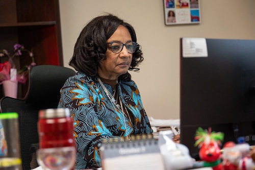 Arlyne Rzepecki, 42d Force Support Squadron Military and Family Readiness Center flight chief, works at her desk at Maxwell Air Force Base, Alabama, March 25, 2026.