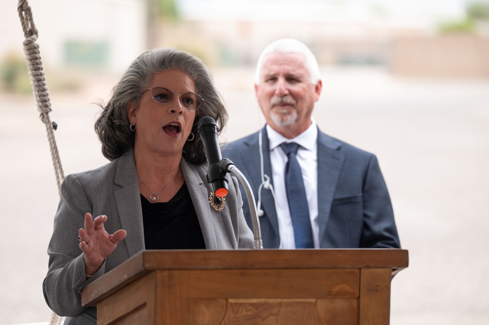 Soraya Correa, National Industries for the Blind president, speaks during the AbilityOne Base Supply Center 30th Anniversary Ceremony at Davis-Monthan Air Force Base, Arizona, April 6, 2026. The ceremony commemorated three decades of partnership supporting mission readiness and employment opportunities for individuals with disabilities. (U.S. Air Force photo by Airman 1st Class Jaden Kidd)