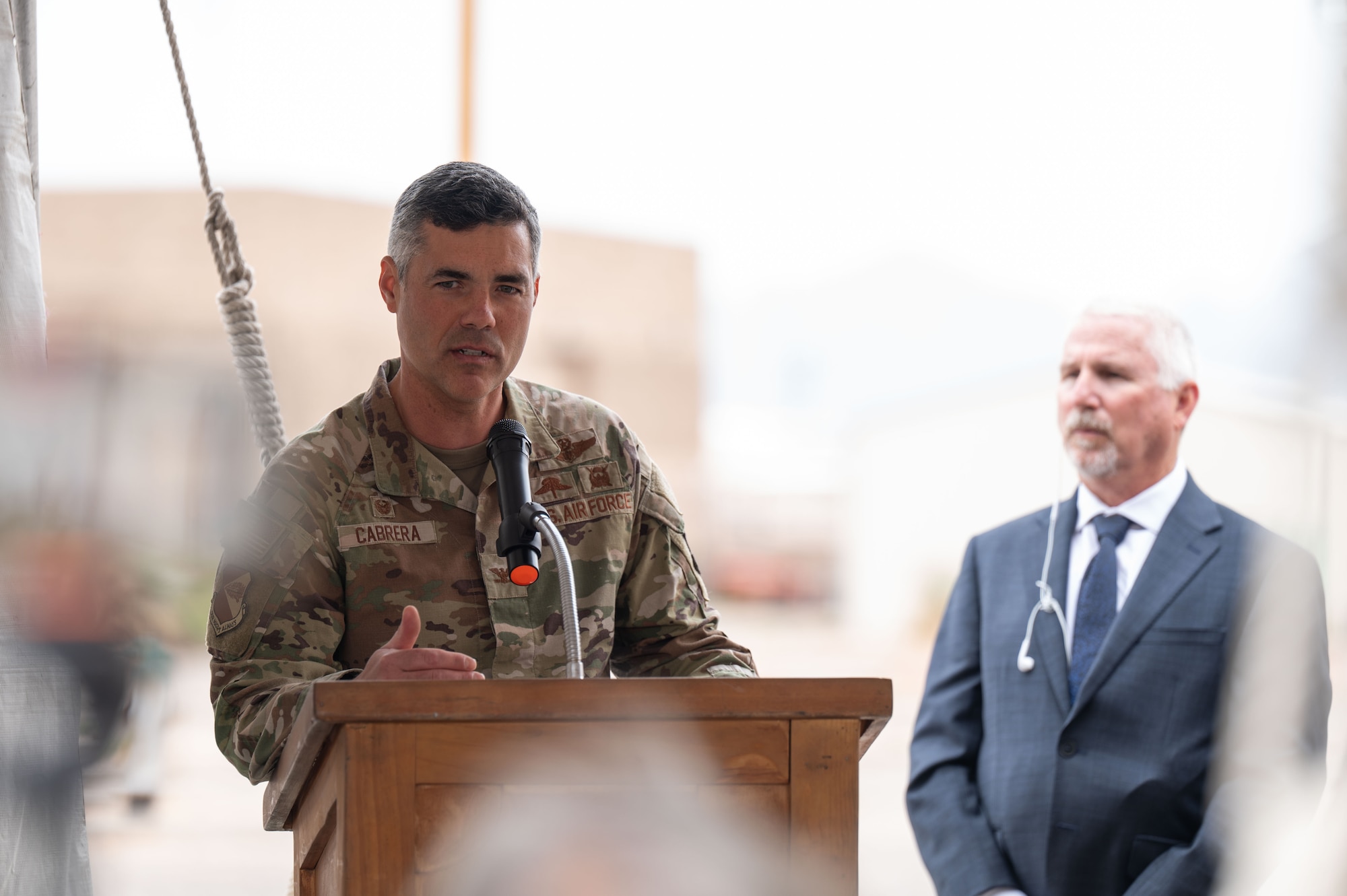 U.S. Air Force Col. Jose Cabrera, 355th Wing commander, speaks during the AbilityOne Base Supply Center 30th Anniversary Ceremony at Davis-Monthan Air Force Base, Arizona, April 6, 2026. The event recognized the long-standing collaboration between DM and AbilityOne workers who provide essential supplies and services to DM. (U.S. Air Force photo by Airman 1st Class Jaden Kidd)