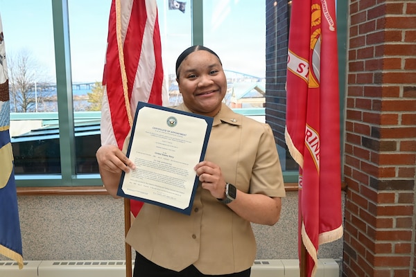 260310-N-OV429-1001 NEWPORT, R.I. (Mar. 10, 2026) Hospital Corpsman 3rd Class Carja Fortune, assigned to Navy Medicine Readiness and Training Command (NMRTC) New England is frocked to the rank of Petty Officer 3rd Class during a promotion ceremony held at Naval Health Clinic New England, Newport, R.I., Mar. 10, 2026. NMRTC New England provides operational training to healthcare professionals through healthcare delivery to optimize both medical staff and Warfighter and readiness. (U.S. Navy photo by Lieutenant Sydney Wall)