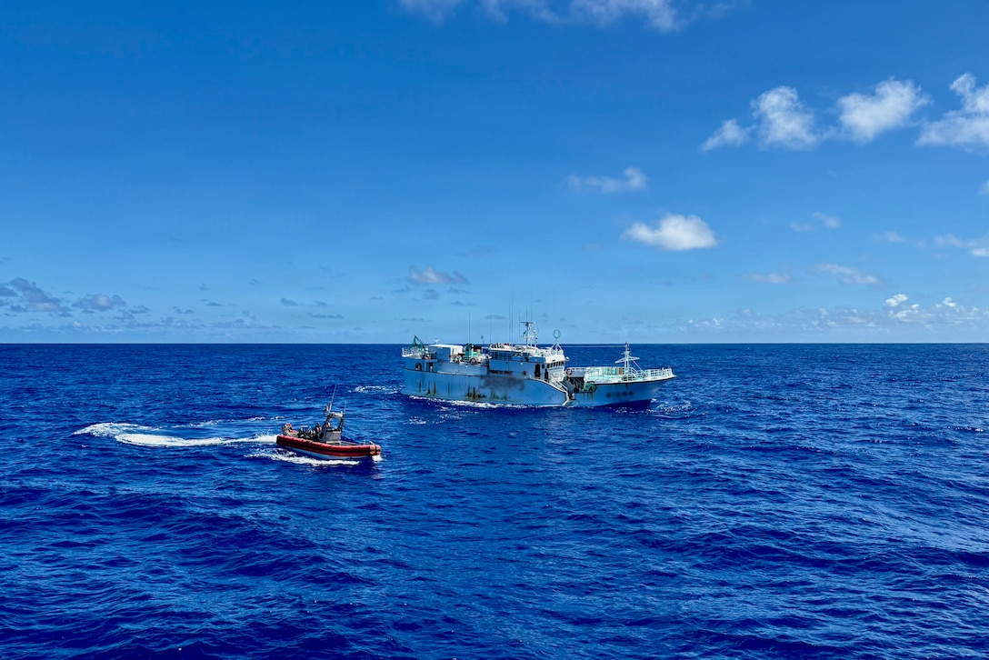 The USCGC Oliver Henry (WPC 1140) crew conduct a maritime law enforcement boarding on a foreign-flagged commercial fishing vessel under the Western and Central Pacific Fisheries Commission authority in the Pacific Ocean on March 5, 2026, to ensure compliance with applicable regulations. The crew of the USCGC Oliver Henry (WPC 1140) returned to Guam on March 29, 2026, closing out a 29-day patrol period that restored a critical tsunami early warning station to a remote Pacific atoll, delivered humanitarian supplies to two island communities, and enforced fisheries laws across more than 4,000 nautical miles. (U.S. Coast Guard photo)