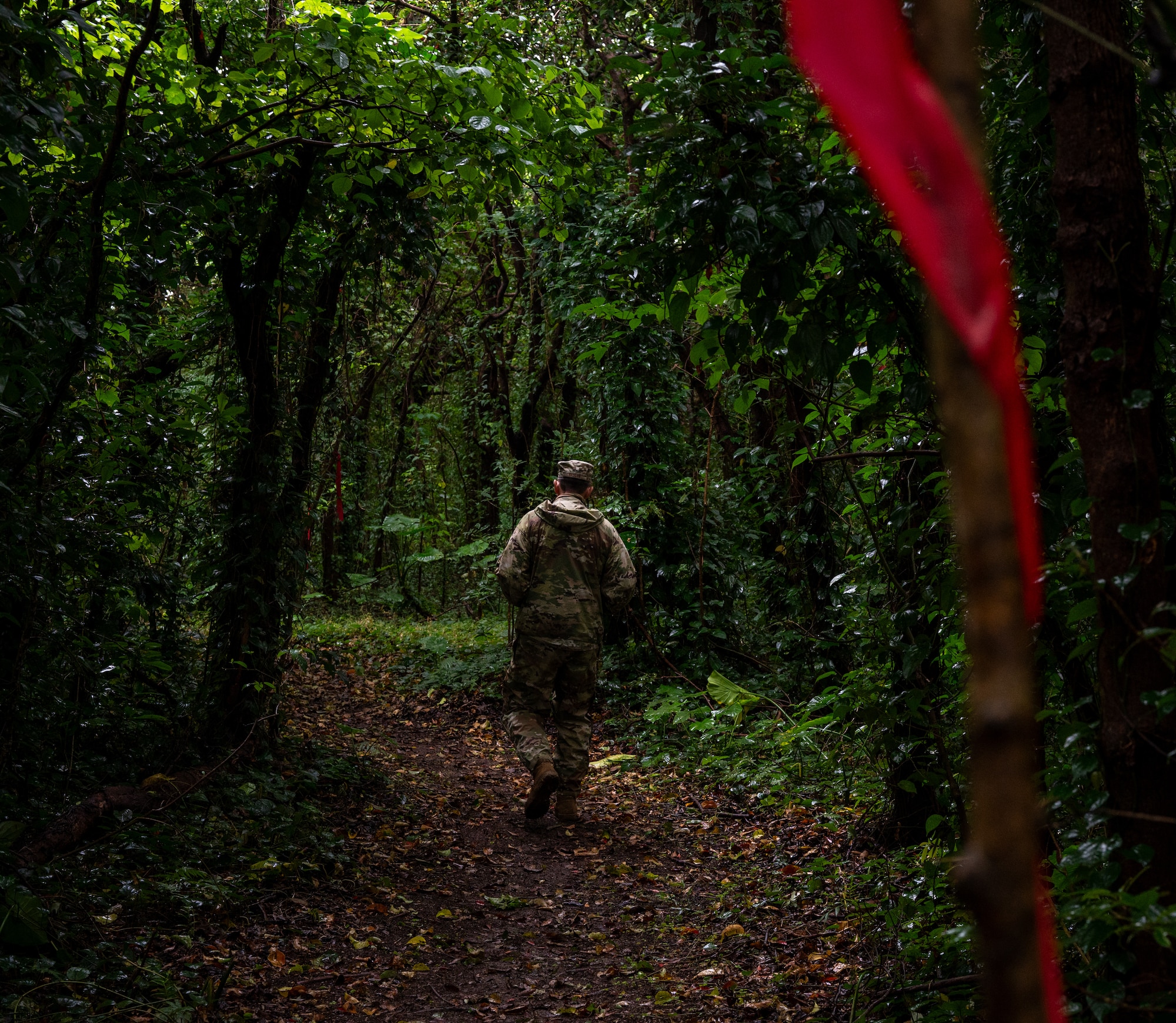 U.S. Air Force Tech. Sgt. Kyle Vaughn, 18th Munitions Squadron stockpile management production superintendent, walks a path towards an ancestral tomb during Shimi at Kadena Air Base, Japan.