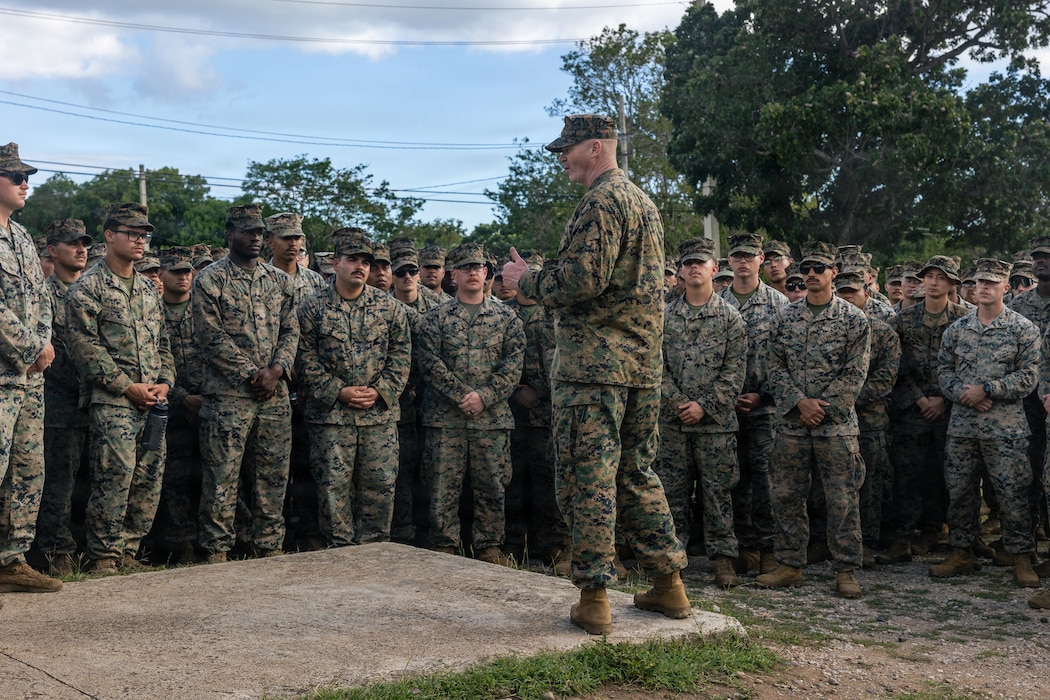 U.S. Marine Corps Col. Thomas Trimble, commanding officer, 22nd Marine Expeditionary Unit (Special Operations Capable), speaks with Marines during a visit at Camp Santiago, Puerto Rico, March 30, 2026. U.S. military forces are deployed to the Caribbean in support of the U.S. Southern Command mission, Department of War-directed operations, and the president’s priorities to disrupt illicit drug trafficking and protect the homeland. (U.S. Marine Corps photo)