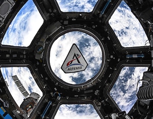 NASA astronaut Jessica Meir took this photo of an Artemis program patch floating in the International Space Station’s cupola. She posted it on X on March 30, 2026 (Courtesy photo)