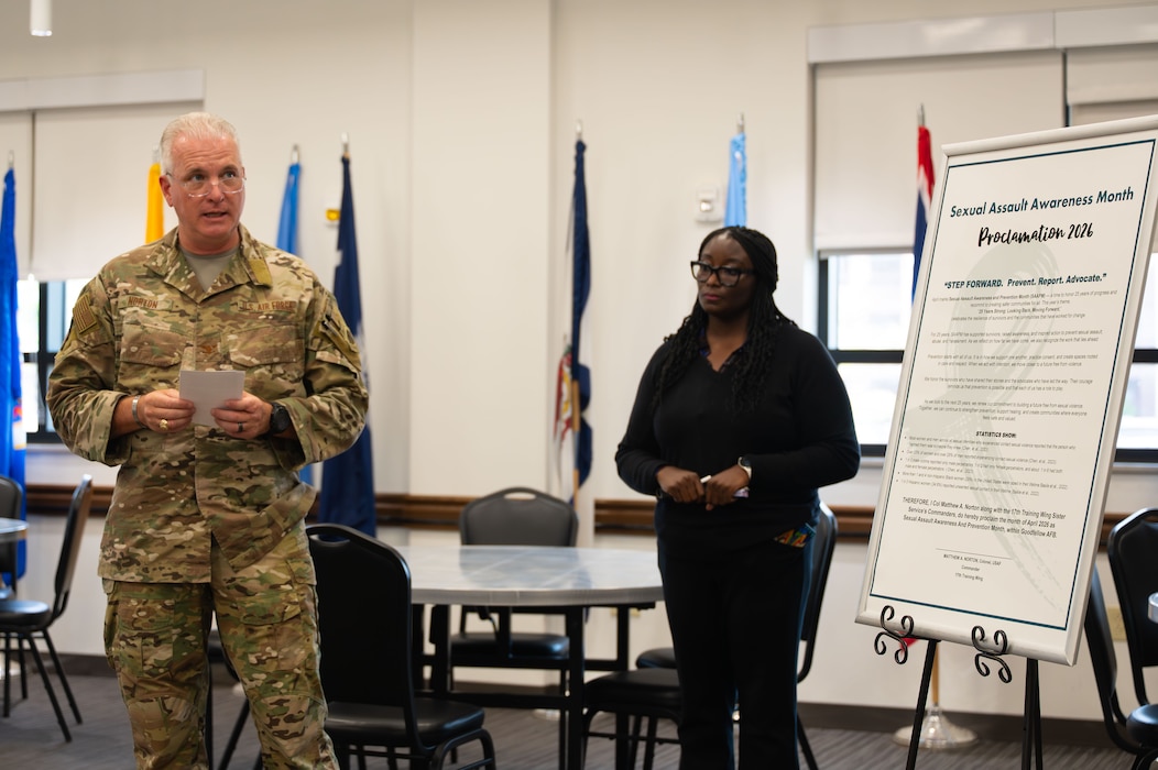 U.S. Air Force Col. Matthew Norton, 17th Training Wing commander, speaks during the 2026 Resiliency Expo.
