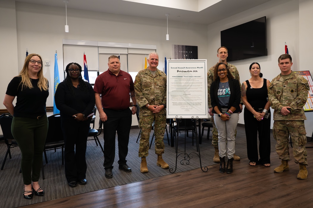 U.S. Air Force Col. Matthew Norton, 17th Training Wing commander, Col. Thomas Wilson, 17th Training Wing deputy commander, and Integrated Resiliency staff pose for a picture during the 2026 Resiliency Expo.