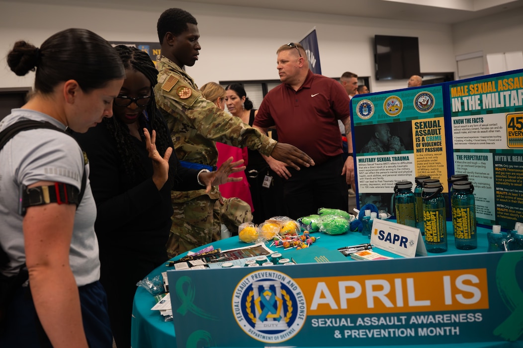 Goodfellow students attend the 2026 Resiliency Expo at the Cressman Dining Facility. They stopped at a table that talked about sexual assault awareness.