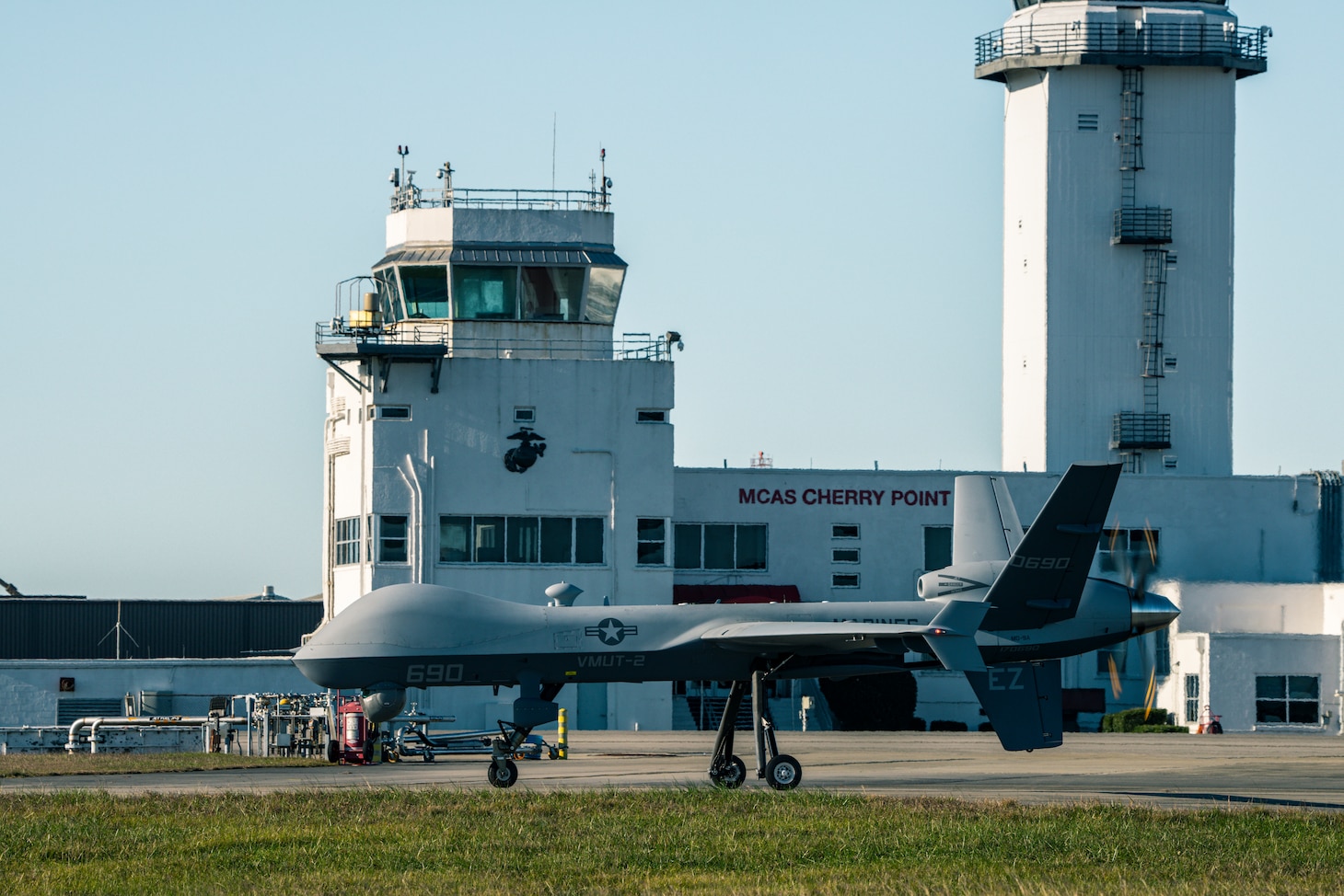 A U.S. Marine Corps MQ-9A Reaper unmanned aircraft system with Marine Unmanned Aerial Vehicle Training Squadron (VMUT) 2 taxis at Marine Corps Air Station Cherry Point, North Carolina, Nov. 21, 2024. VMUT-2 serves as the Marine Corps' MQ-9A Reaper Fleet Replacement Squadron, whose primary mission is to train MQ-9 pilots and sensor operators in their respective military occupational specialties.