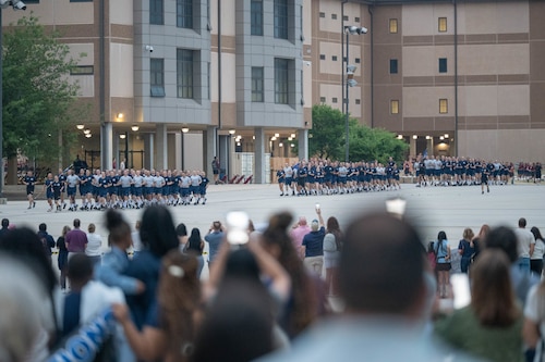 U.S. Air Force Basic Military Training (BMT) trainees perform the Airman’s Run at Joint Base San Antonio-Lackland, Texas, April 1, 2026. The Airman’s Run is a long-standing BMT tradition that showcases the stamina and teamwork of graduating trainees. (U.S. Air Force photo by Airman 1st Class Emma Wright)