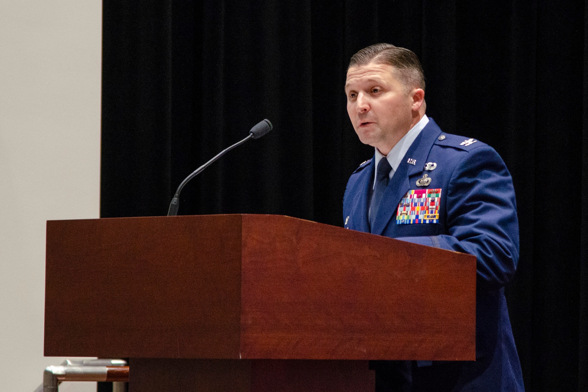 Col. Creighton Mullins, commander of the Air Force Technical Applications Center, Patrick Space Force Base, Fla., delivers solemn remarks during a memorial ceremony held April 3, 2026 to memorialize four people assigned to the nuclear surveillance center who perished while actively serving their nation.  (U.S. Air Force photo by Susan A. Romano)