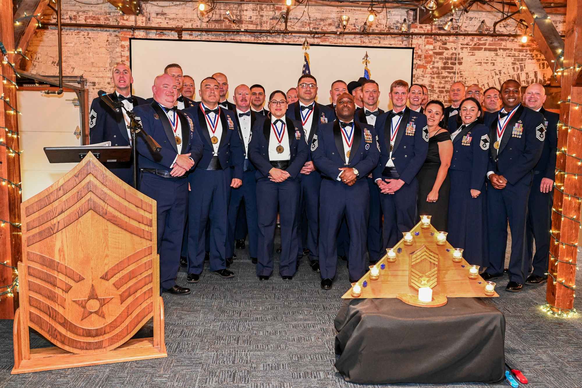 U.S. Air Force chief master sergeants pose for a group photo during a Chief Master Sergeant Induction Ceremony in Abilene, Texas, March 28, 2026. The ceremony honored Dyess Air Force Base’s newest chiefs and recognized their leadership, mentorship and commitment to the Air Force mission. (U.S. Air Force photo by Airman 1st Class Caleb Schellenberg)