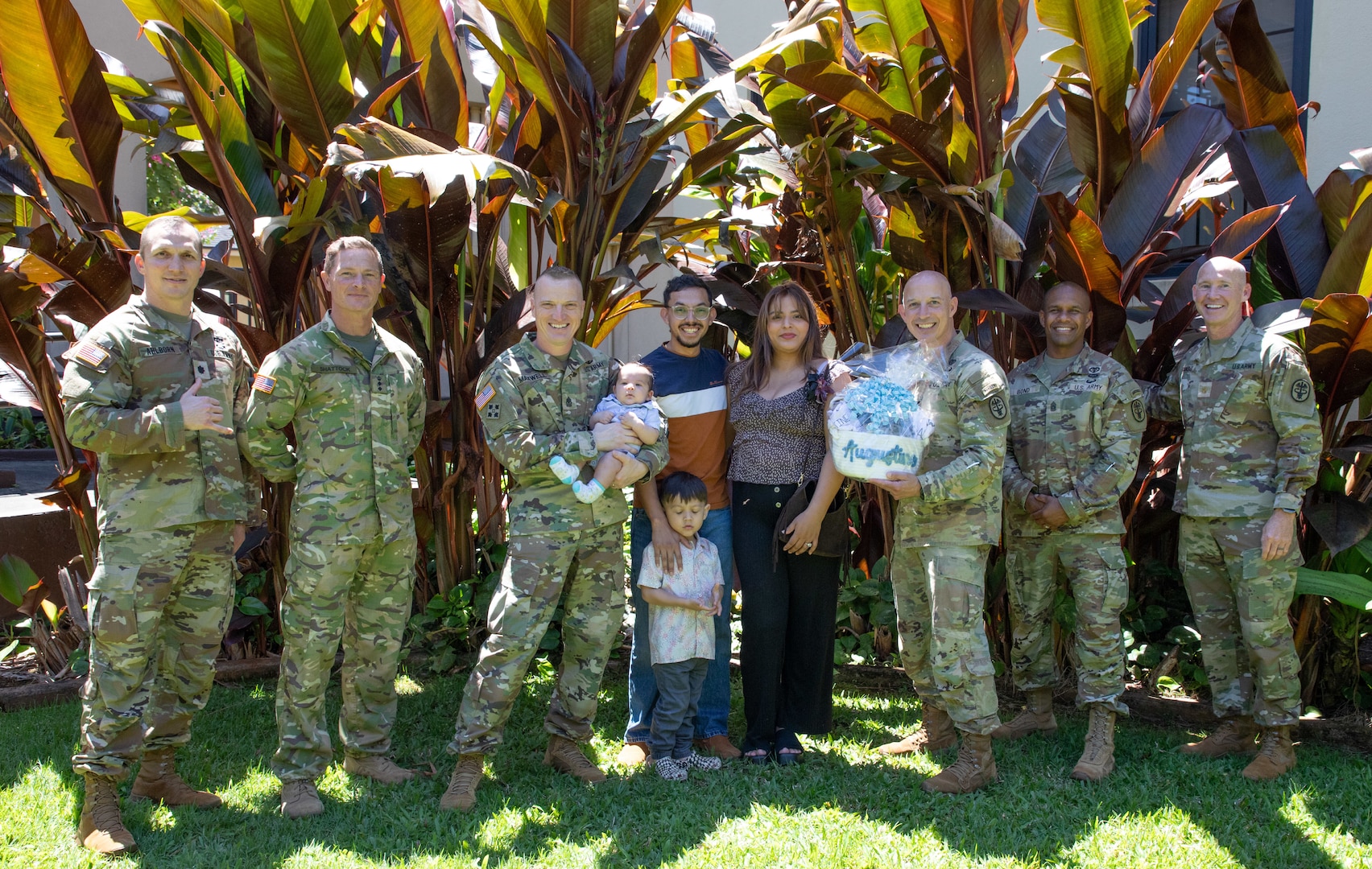 Isabella Serrano and U.S. Army Staff Sgt. Arthur A. Garcia, a cannon crew member from the 25th Infantry Division, were celebrated as the parents of the 25th baby born to the division in 2026. The recognition took place at Desmond T. Doss Health Clinic, Schofield Barracks, on April 1, 2026, with leadership from Tripler Army Medical Center and the 25th Infantry Division in attendance. Serrano expressed her appreciation for the TAMC Centering Pregnancy Program, describing it as the best experience she had during her pregnancy. (Defense Health Agency photo by Khinna Kaminske)