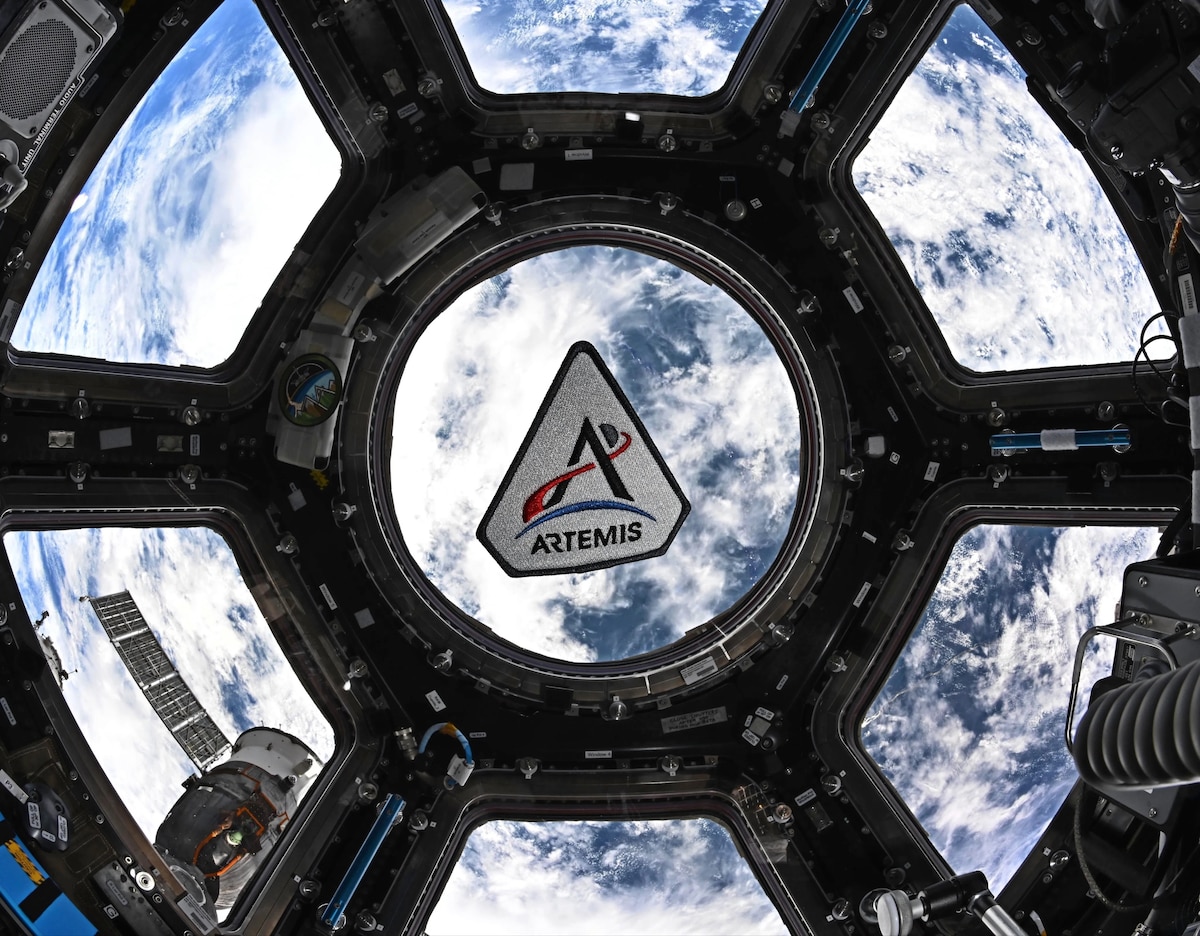 NASA astronaut Jessica Meir took this photo of an Artemis program patch floating in the International Space Station’s cupola. She posted it on X on March 30, 2026 (Courtesy photo)
