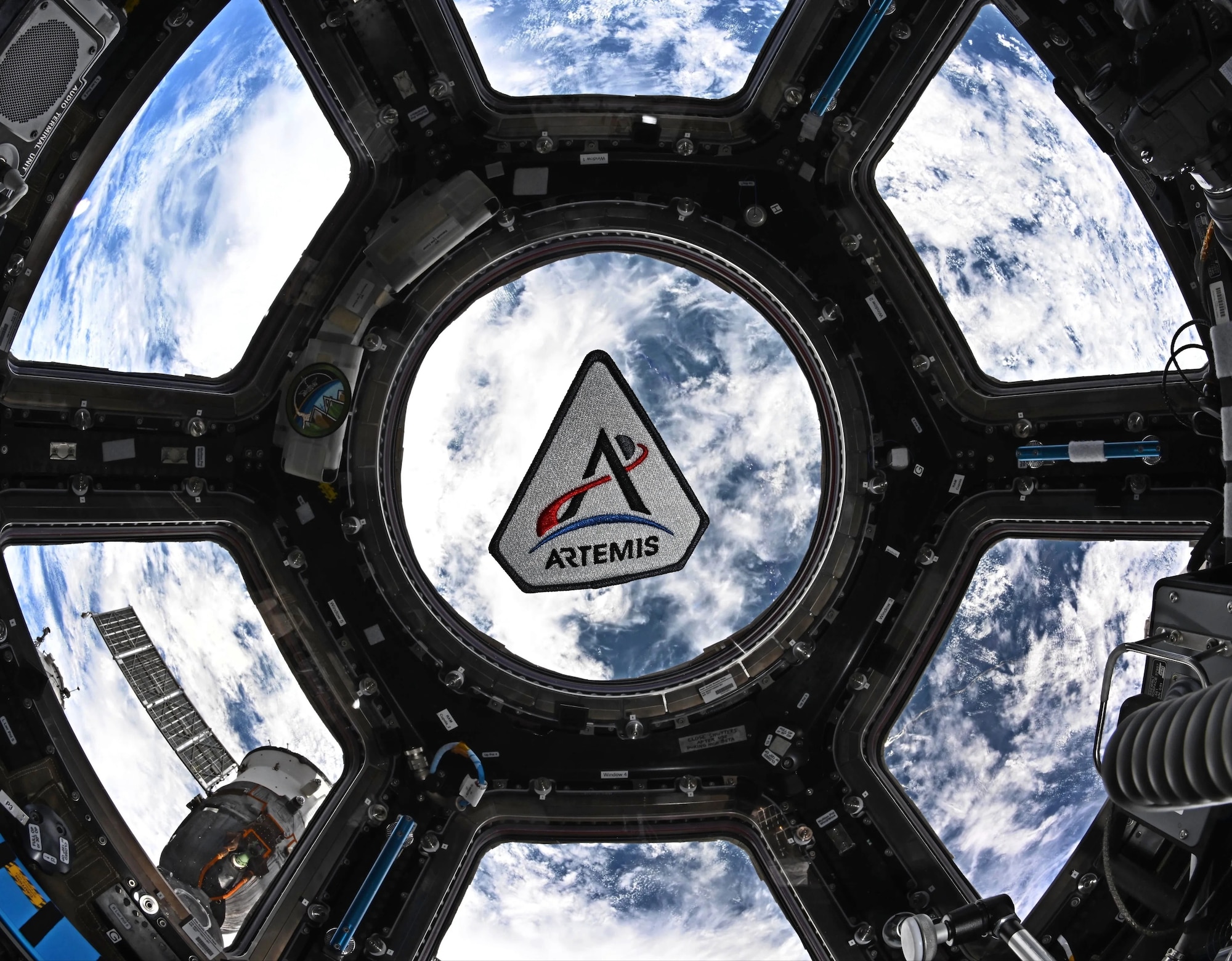 NASA astronaut Jessica Meir took this photo of an Artemis program patch floating in the International Space Station’s cupola. She posted it on X on March 30, 2026 (Courtesy photo)