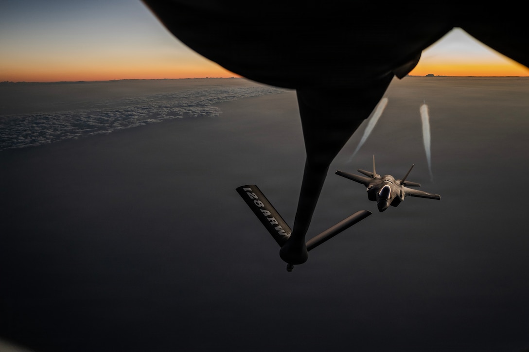 A U.S. Air Force KC-135 Stratotanker aircraft refuels a U.S. Air Force F-35A Lightning II aircraft during Operation Epic Fury in the U.S. Central Command area of responsibility April 5, 2026. (U.S. Air Force photo)