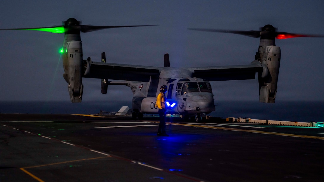 An MV-22 Osprey prepares to takeoff on the flight deck of America-class amphibious assault ship USS Tripoli (LHA 7) during Operation Epic Fury, April 2, 2026. (U.S. Marine Corps Photo)