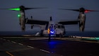 An MV-22 Osprey prepares to takeoff on the flight deck of America-class amphibious assault ship USS Tripoli (LHA 7) during Operation Epic Fury, April 2, 2026. (U.S. Marine Corps Photo)