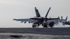 An F/A-18E Super Hornet, attached to Strike Fighter Squadron (VFA) 14, launches from the flight deck of Nimitz-class aircraft carrier USS Abraham Lincoln (CVN 72) during Operation Epic Fury, March 31, 2026. (U.S. Navy photo)