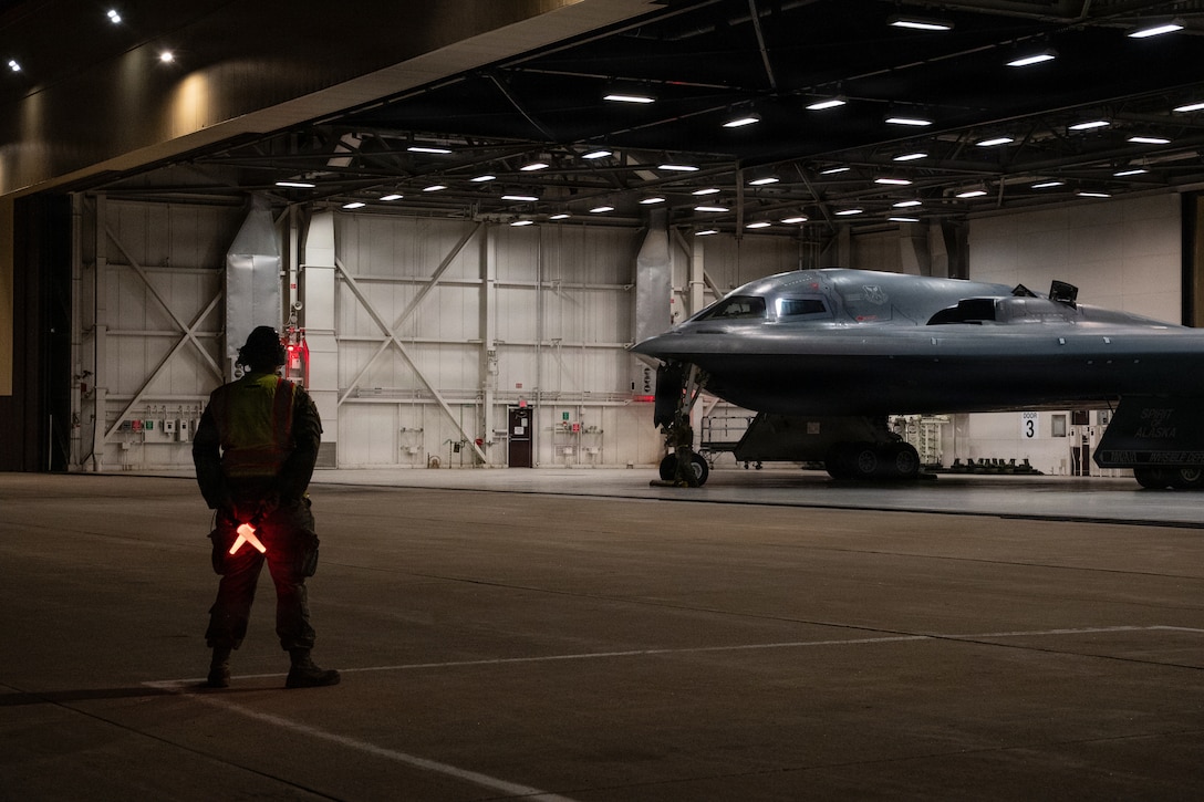 U.S. Airmen conduct preflight operations prior to a B-2 Spirit stealth bomber departing base in the U.S. Strategic Command area of responsibility in support of Operation Epic Fury, March 29, 2026. (U.S. Air Force photo)