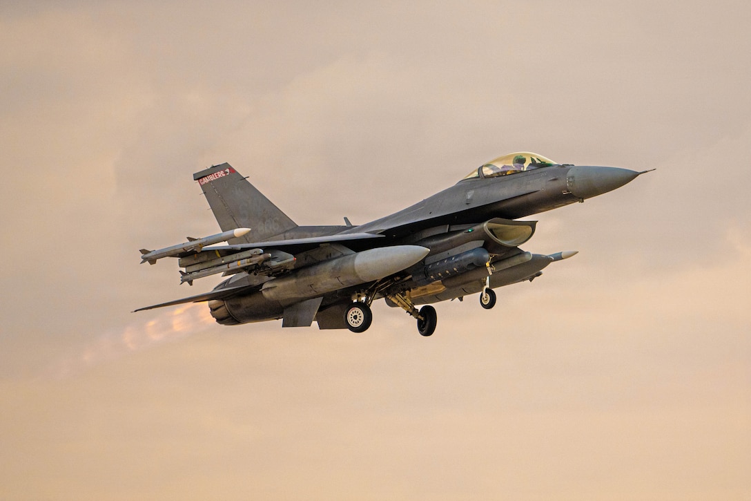 A U.S. Air Force Fighting Falcon aircraft takes off during Operation Epic Fury, March 27, 2026. (U.S. Air Force photo)