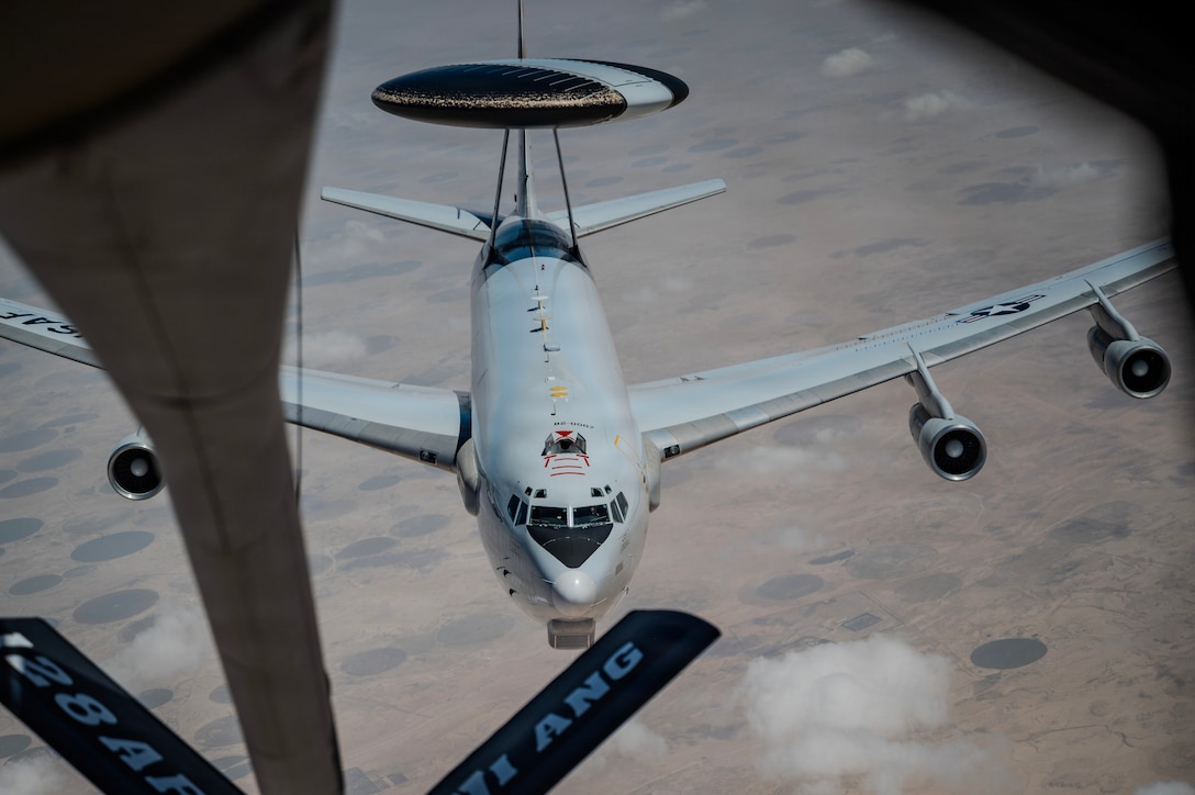 A U.S. Air Force E-3 Sentry AWACS aircraft flies in support of Operation Epic Fury, March 31, 2026. (U.S. Air Force photo)