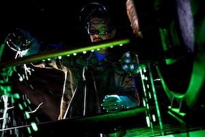 U.S. Air Force Airman Samuel Mulleavey, 86th Maintenance Squadron non-destructive inspection apprentice, performs magnetic particle inspection at Ramstein Air Base, Germany, April 7, 2026.