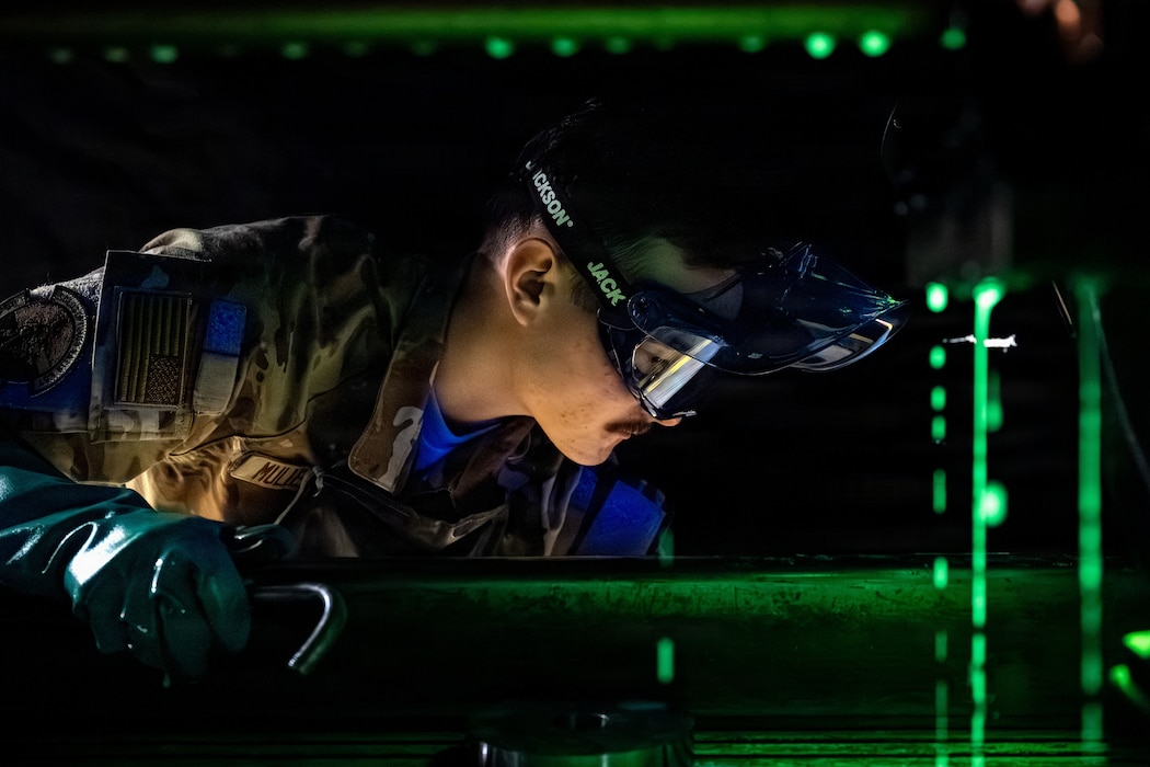 U.S. Air Force Airman Samuel Mulleavey, 86th Maintenance Squadron Non-Destructive Inspection apprentice, performs magnetic particle inspection at Ramstein Air Base, Germany, April 7, 2026.