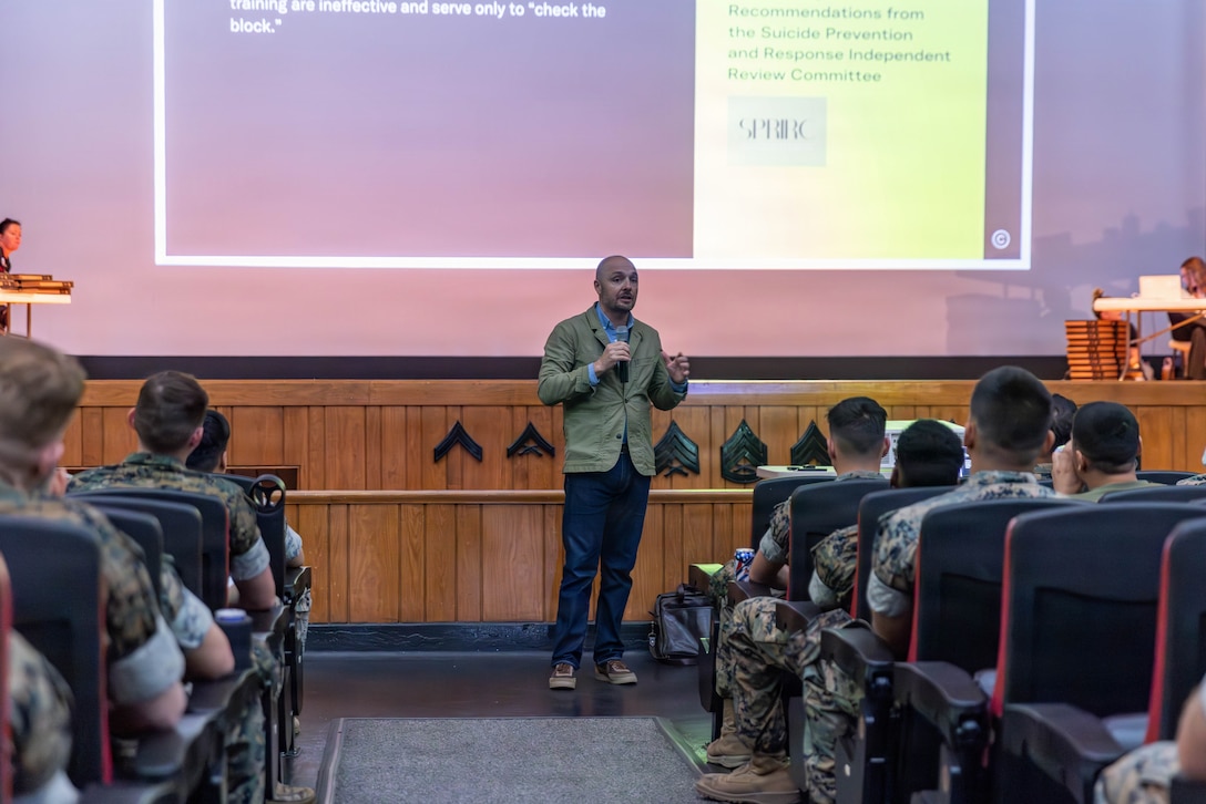 Retired U.S. Navy Cmdr. Matt Brown, co-founder and CEO of Chimney Trail Health, speaks to U.S. Marines and Sailors during a Waypoint Kit program training seminar at Marine Corps Base Camp Lejeune, North Carolina, March 31, 2026. This training was conducted to preserve the lethality and readiness of the Marines by building mental toughness and resiliency. (U.S. Marine Corps photo by Lance Cpl. Channah Chilton.)
