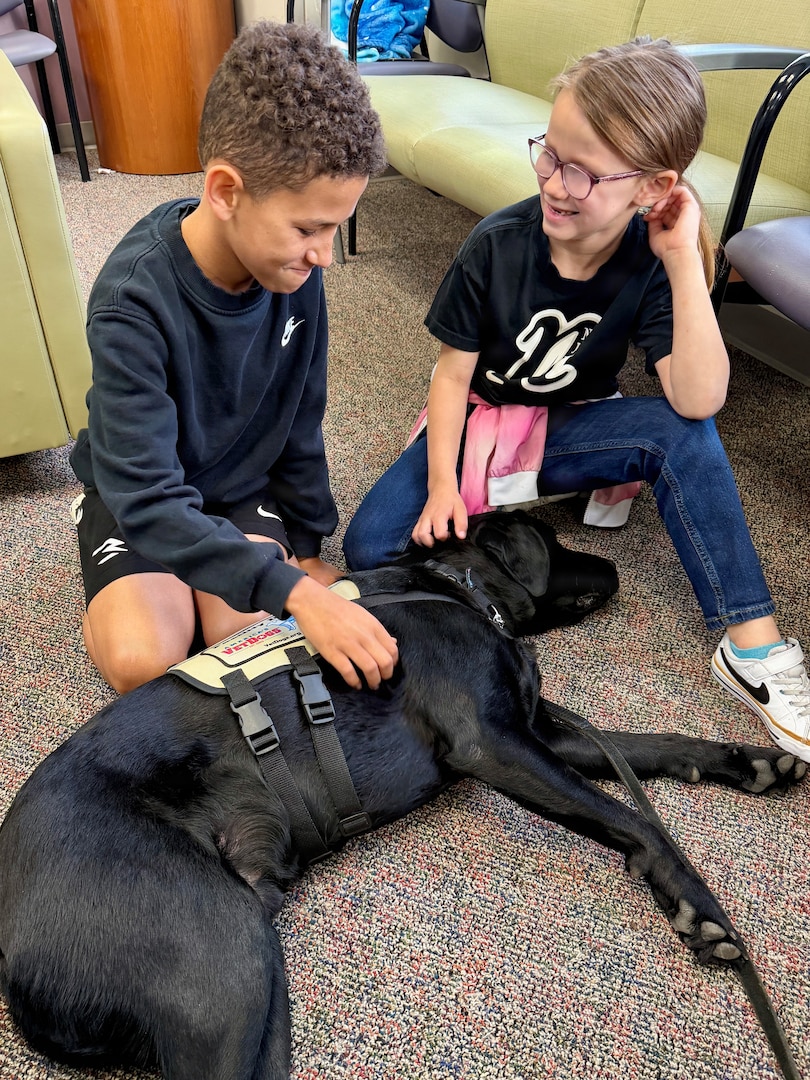 Two children pet a service dog.