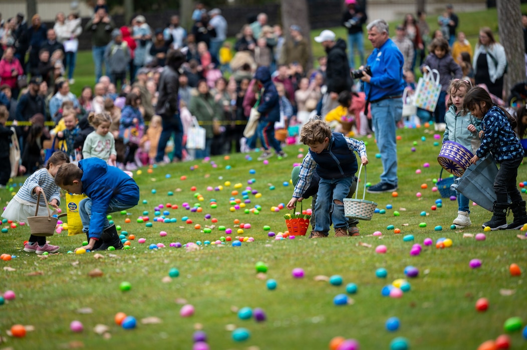 Children participate in an egg hunt during an Easter event at Ramstein Air Base, Germany, April 4, 2026.