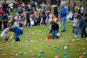 Children participate in an egg hunt during an Easter event at Ramstein Air Base, Germany, April 4, 2026.