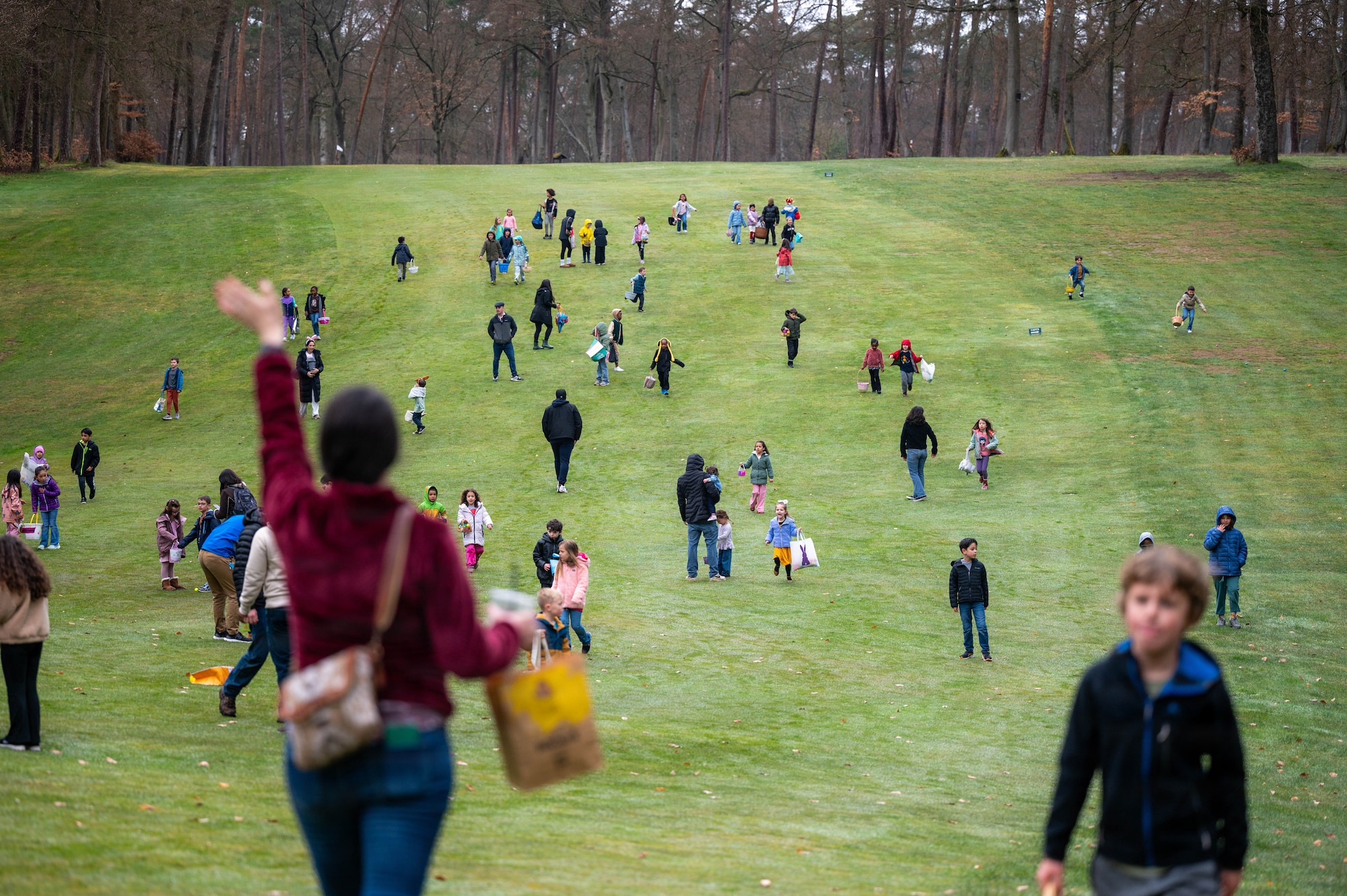 Children participate in an egg hunt during an Easter event at Ramstein Air Base, Germany, April 4, 2026.