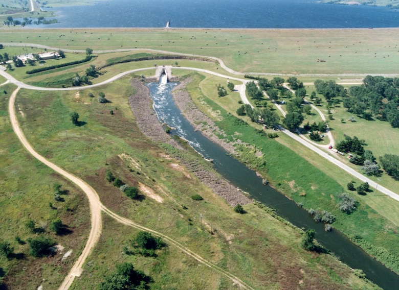Aerial view of dam channel.